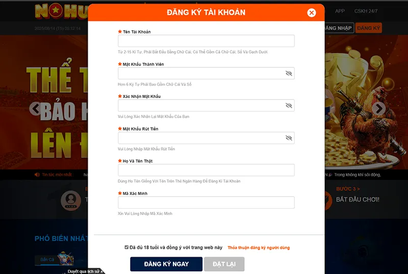 Giao diện form đăng ký tài khoản mới tại Nohu90